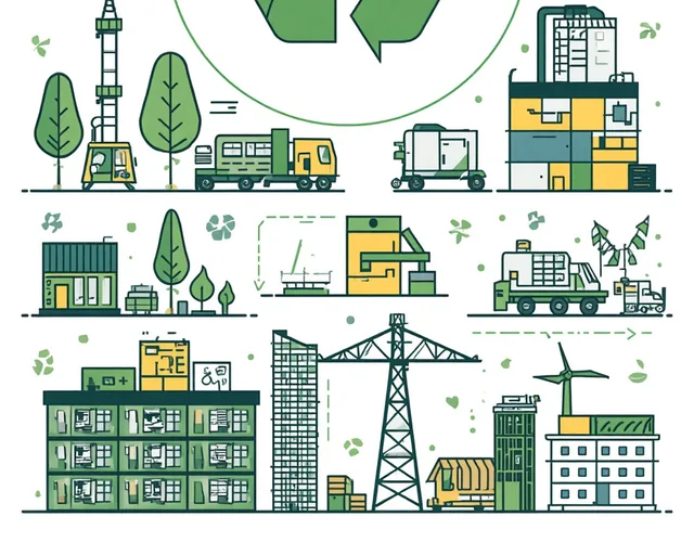 Illustrated recycling infrastructure: collection vehicles, material recovery plants, a transfer station and wind generation serving a city.