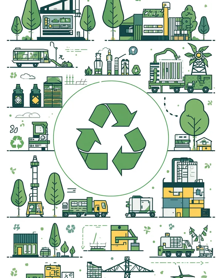 Illustrated overview of a circular economy: recycling and e-waste processing facilities, collection fleet, wind and solar generation, and material recovery plants arranged around a central recycling symbol.