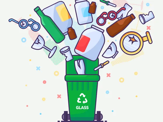 Illustration of a glass recycling bin with typical glass items being sorted into it.