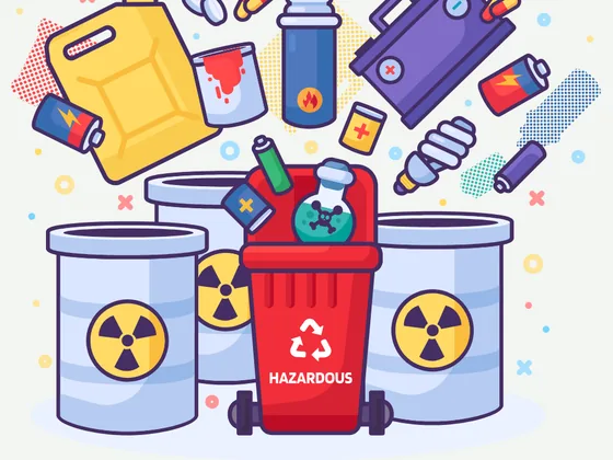 Illustration of a hazardous recycling bin with typical hazardous items being sorted into it.