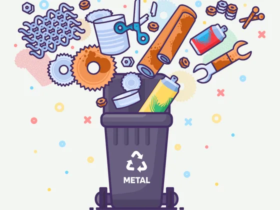 Illustration of a metal recycling bin with typical metal items being sorted into it.