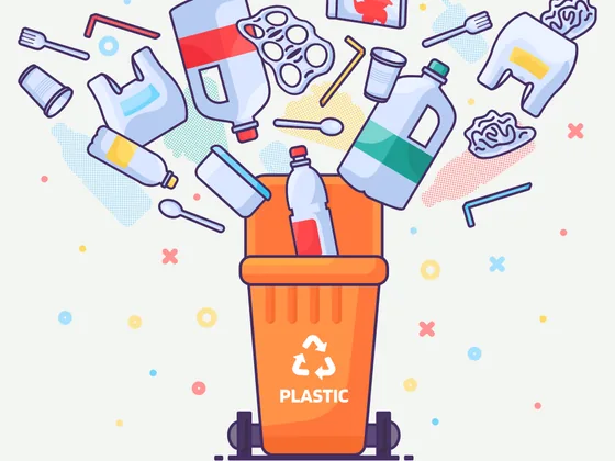 Illustration of a plastic recycling bin with typical plastic items being sorted into it.