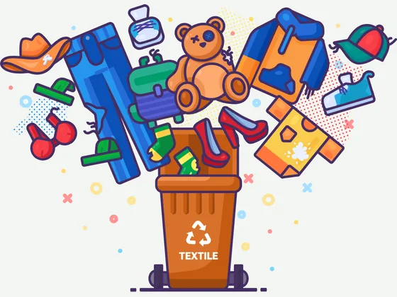Illustration of a textile recycling bin with typical textile items being sorted into it.